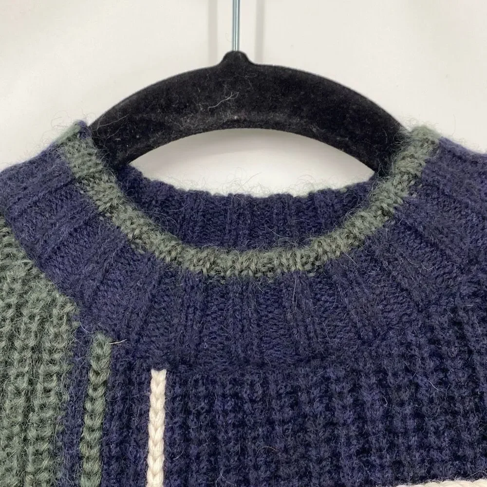 Tory Burch Eden Wool Blend Chunky Pullover Sweater Green‎ Navy XS